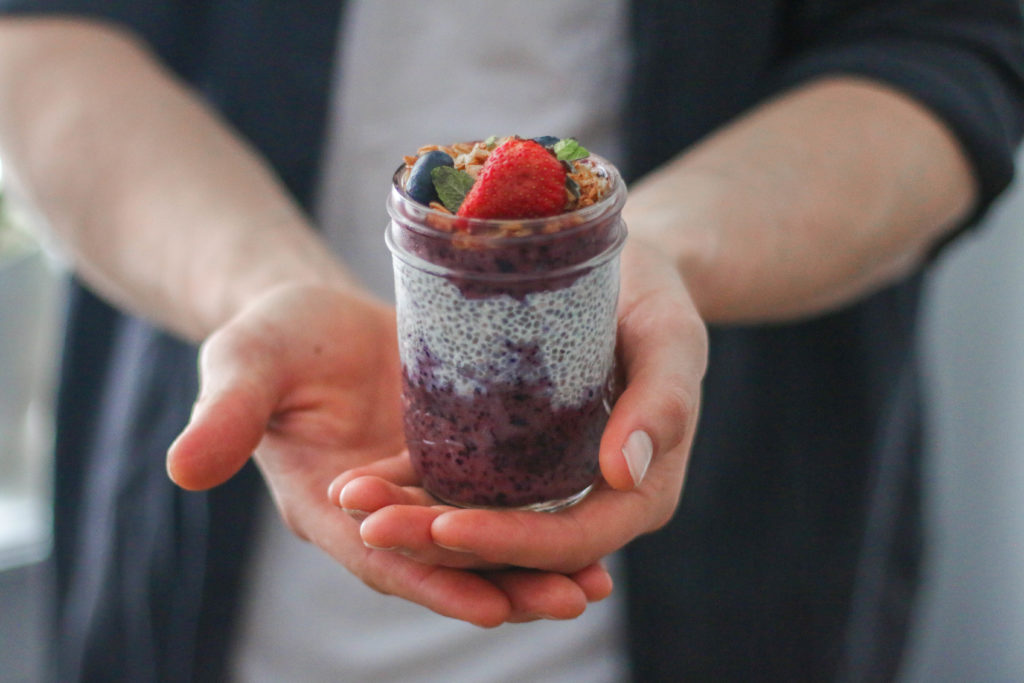 food, chia pudding recipe, breakfast, blueberry, granola, Dan Churchill, protein, vegan, gluten free, almond milk