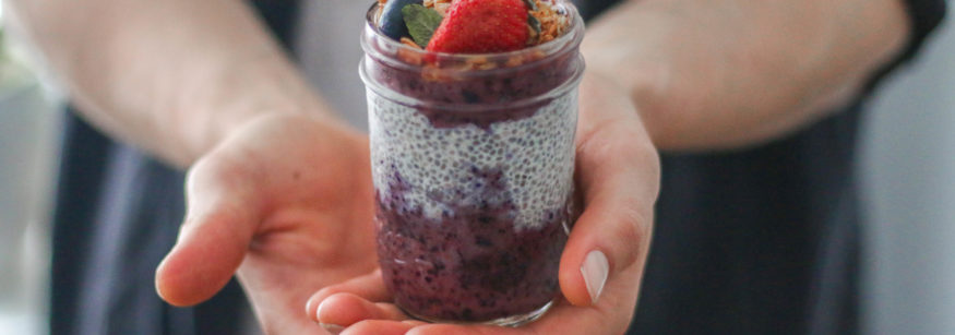 food, chia pudding recipe, breakfast, blueberry, granola, Dan Churchill, protein, vegan, gluten free, almond milk