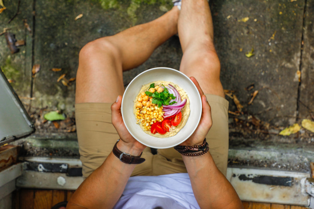 food, recipe, meatless Monday, corn, grilled, onion, chickpeas, bowl, tomatoes, hummus